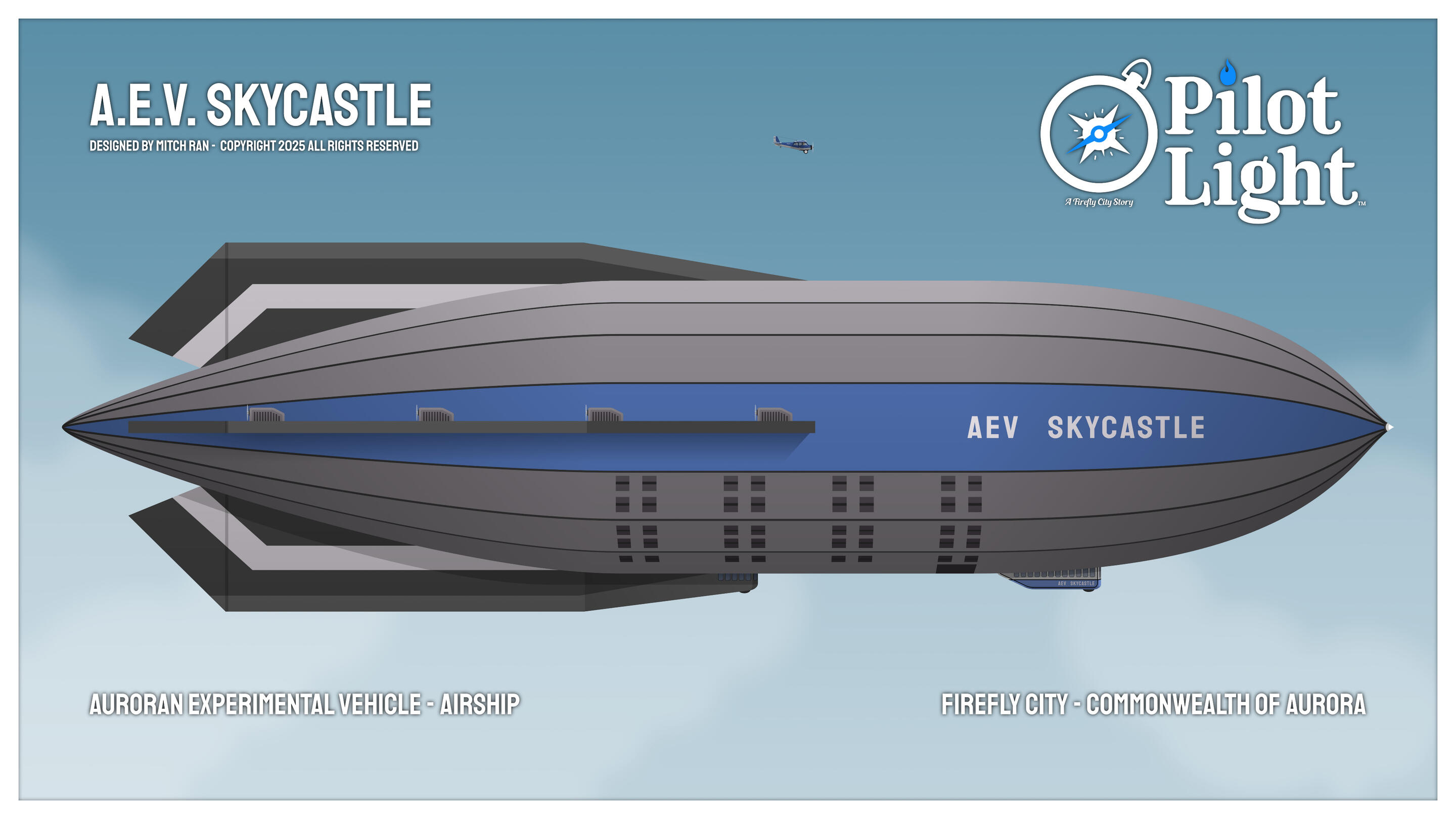 A.E.V. Skycastle as seen from the side. Shown here in scale comparison to the airplane Bluefire. A.E.V. Skycastle as seen from the side. Shown here in scale comparison to the airplane Bluefire.