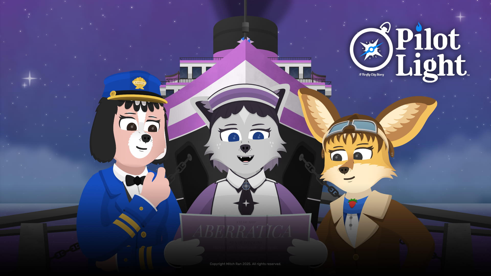 Alice Shelton, Jessie Greenflower, and Elsie Adams look at a paper map while standing in front of the ocean liner SS Aberratica. Alice Shelton, Jessie Greenflower, and Elsie Adams look at a paper map while standing in front of the ocean liner SS Aberratica.