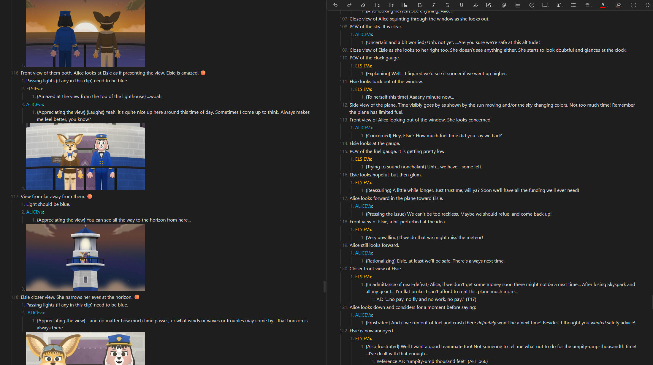 The storyboard/script combination for part of Pilot Light Ch1, alongside part of the script outline for Pilot Light Ch2. The storyboard/script combination for part of Pilot Light Chapter One, alongside part of the script outline for Pilot Light Chapter Two. As with my other animation projects, the script outline is written first, which guides the artwork, which guides edits